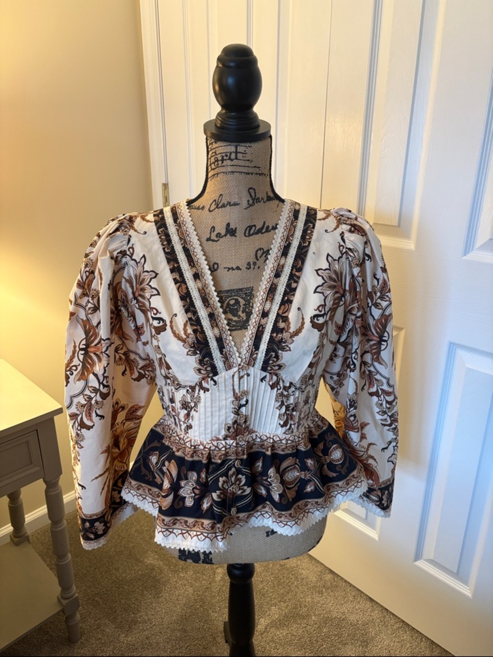 FARM Rio Cream and Brown Floral Peplum Blouse